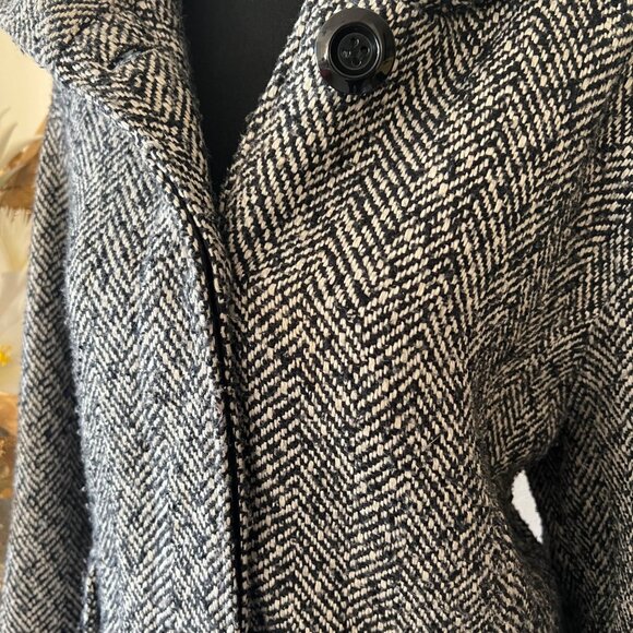 George Herringbone Wool Blend Hooded Coat with Hidden Buttons Black & White 3XL - Picture 3 of 13